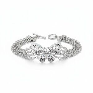 Layered Chain Butterfly Detail Bracelet Silver Tone Vintage 7.5”
